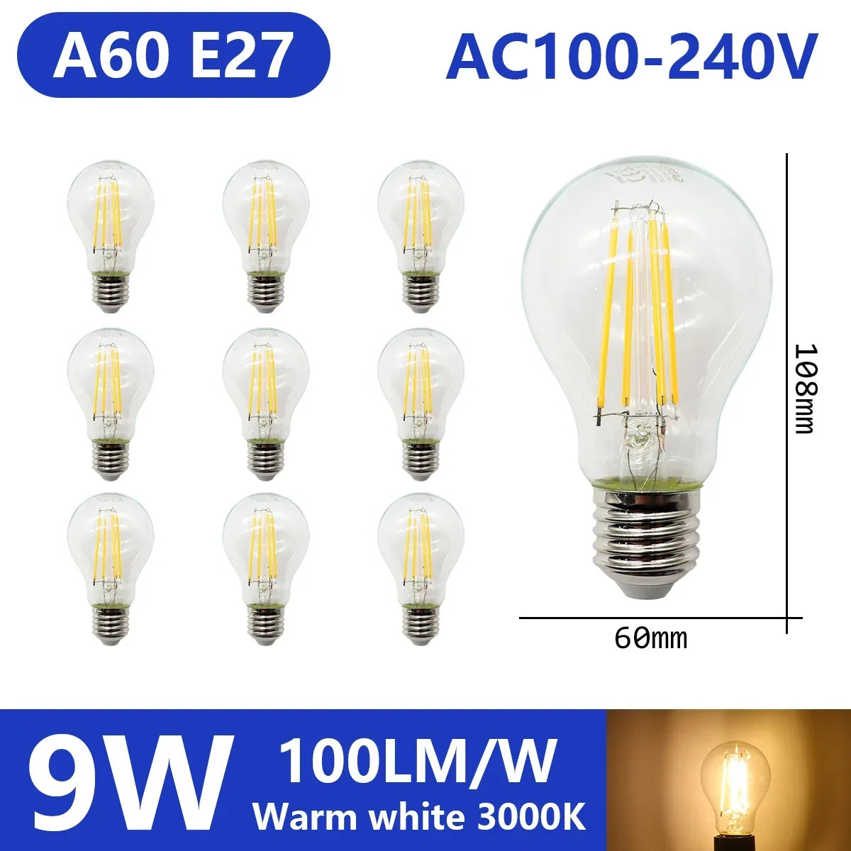Confezione da 10 lampadine a filamento LED per E27 B22 220V 240V 4W 6W 9W Lampadine a LED bianche calde Lampada in vetro vintage