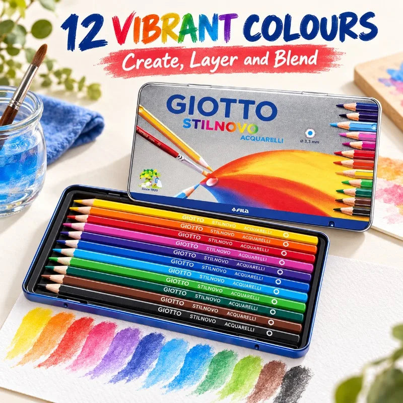 GIOTTO 12 matite colorate per acquerello in una scatola metallica, con mina da 3,3 mm, set per disegno e sfumature dai colori vivaci, ideale per studenti, artisti e appassionati di arte.