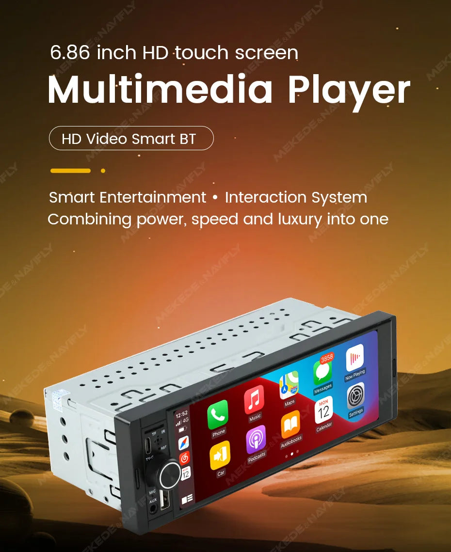 MEKEDE Lettore Video 4K da 5.2/6.86/6.88 Pollici, CarPlay Wireless, Android Auto, Radio FM Multimediale Universale 1DIN con USB Type-C, TF, AUX, ISO, RCA