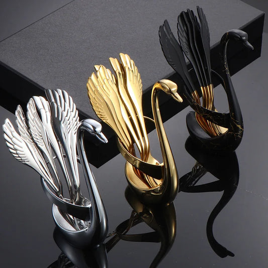 Set di forchette eleganti con base a forma di cigno, cucchiaio da caffè, dessert e insalata in acciaio inossidabile, posate per torte, stoviglie a zero sprechi, dropship