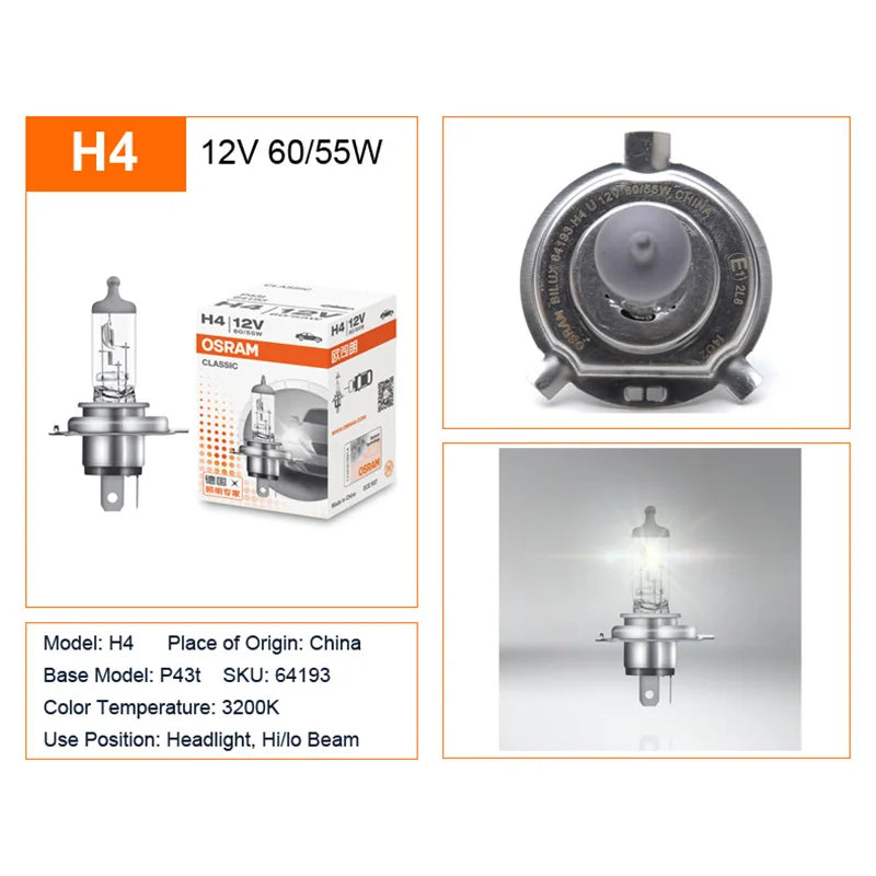 OSRAM H1 H4 H7 12V Faro alogeno per auto Linea originale Pezzi di ricambio 3200K Bianco caldo Lampada autentica Lampadina automatica Made In China 1X