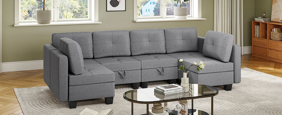 Divano componibile con spazio contenitore, chaise longue trasformabile per soggiorno e camera da letto