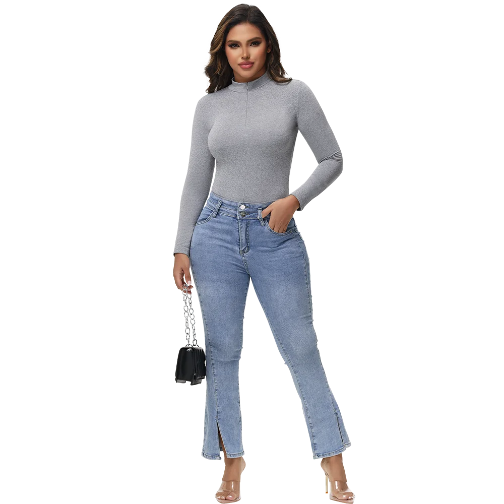 Body con colletto alla coreana con cerniera Donna Manica lunga Spazzolato Abiti invernali con fondo Sexy Streetwear Body Shaper Body pancia piatta