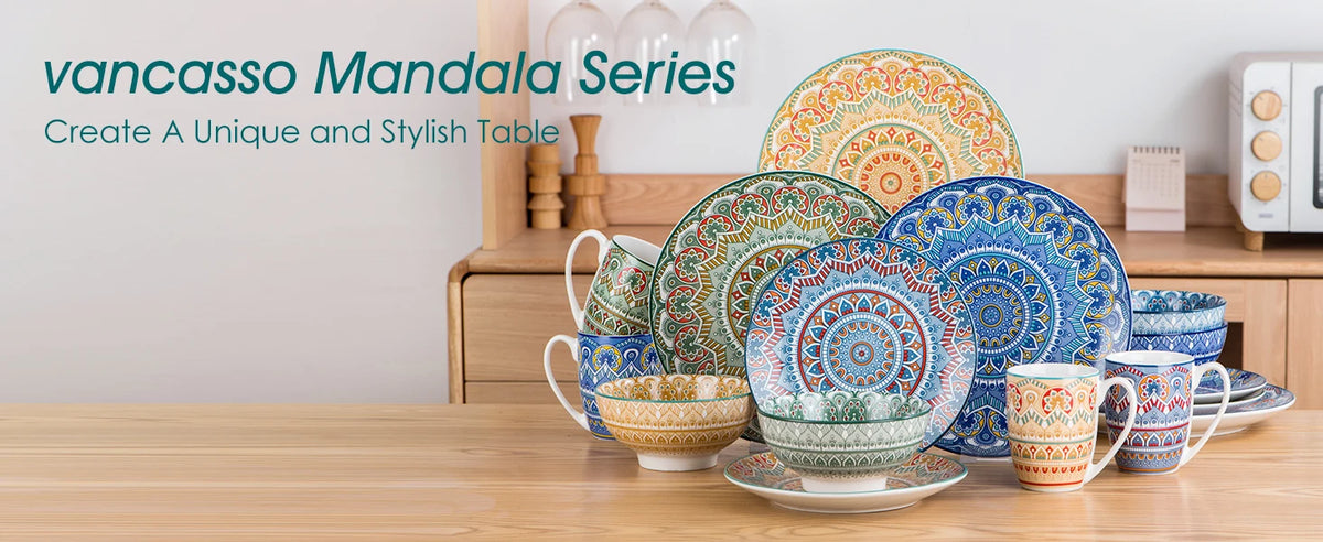 Vancasso 16/32 pezzi piatto ceramico set di stoviglie in porcellana con motivo mandala bohémien con piatto piano, piatto da dessert, ciotola, tazza