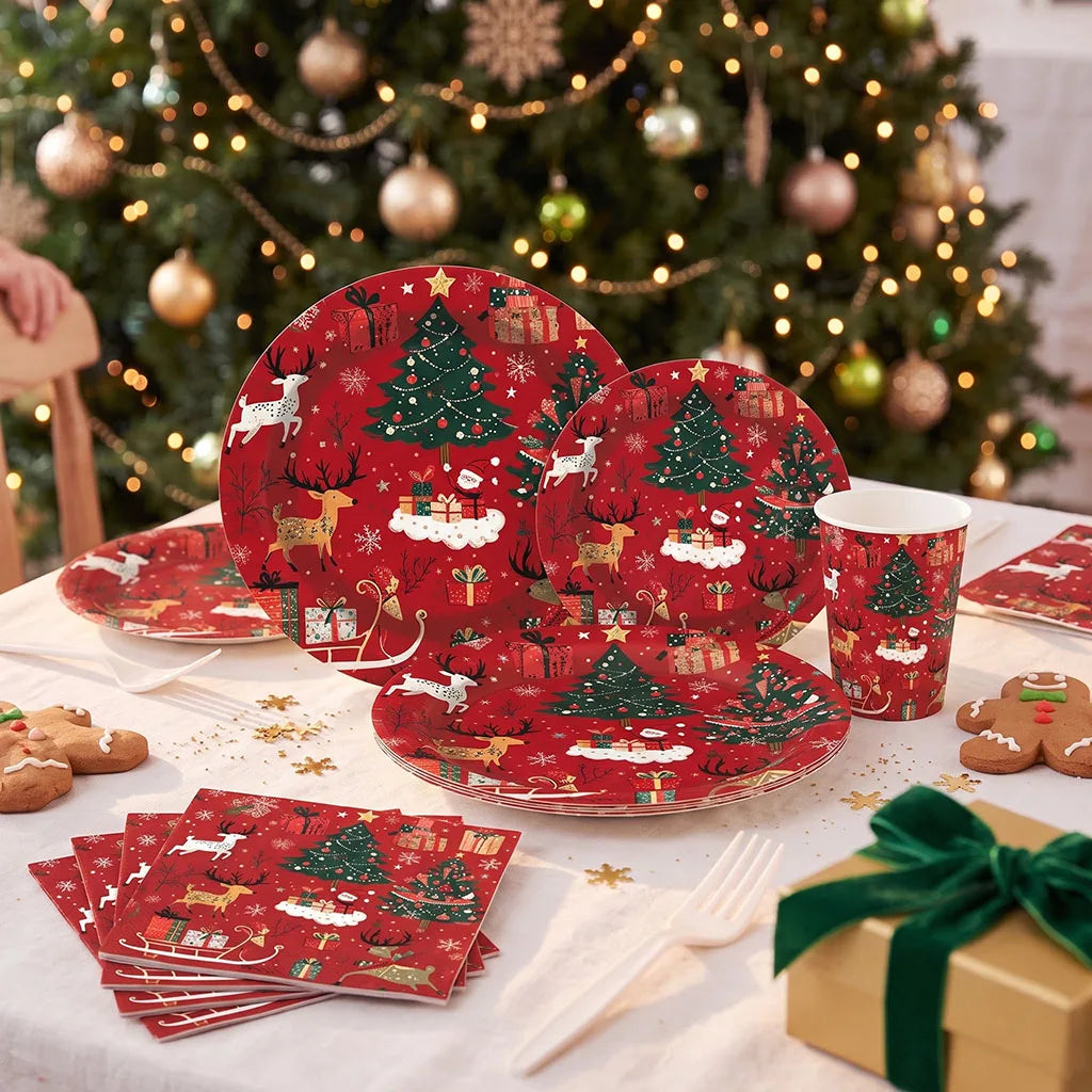 Set di stoviglie per feste a tema natalizio, con decorazioni a tema renna e albero, piatti, bicchieri e tovaglioli di carta usa e getta, articoli per le feste di Capodanno.