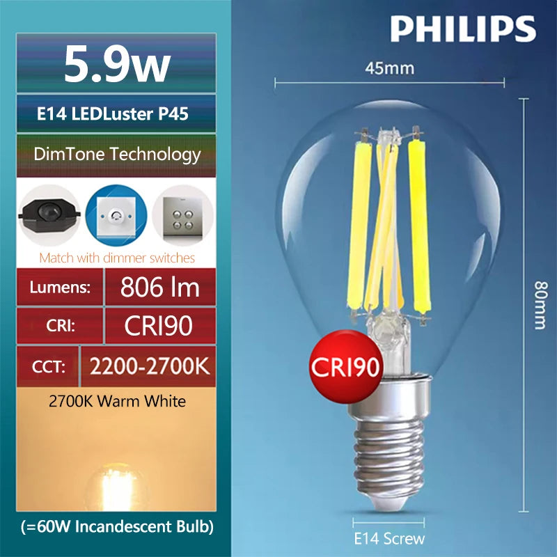 Philips Master Vetro LED Candela Lustro E14 E27 Lampadina Filamento B35 P45 A60 Lampada trasparente DimTone Dimimmable Luce bianca calda per interni