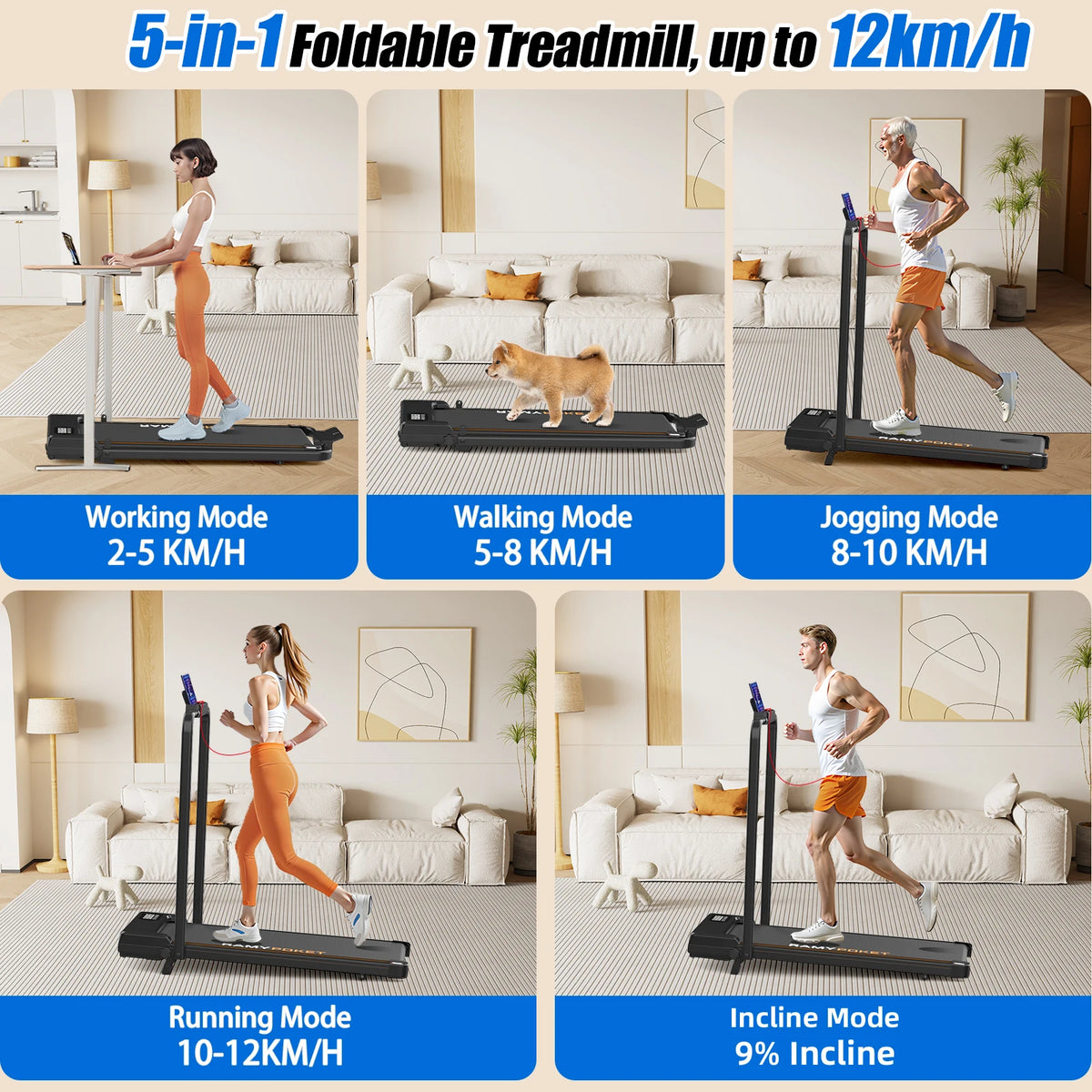Tapis roulant con inclinazione del 9%, silenzioso, 2.5HP, 1-10km/h, APP e LED, tapis roulant con maniglia, tapis roulant per casa, 150kg