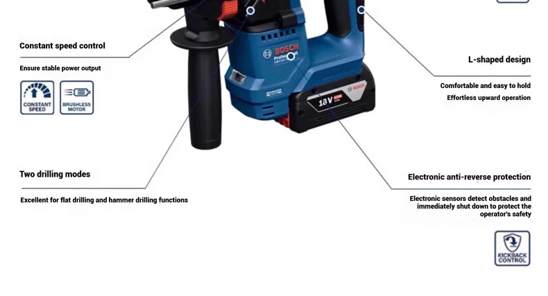  Bosch GBH 18V-18 GBH 18V-18 X Trapano Tassellatore Rotativo Leggero Brushless a Batteria 2-in-1 per Calcestruzzo