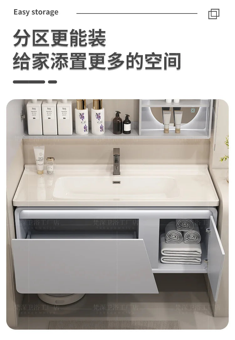 Mobile Bagno Moderno Intelligente con Lavabo Integrato in Ceramica, Armadietti in Rovere, Specchio LED e Mobiletto - Arredamento Bagno