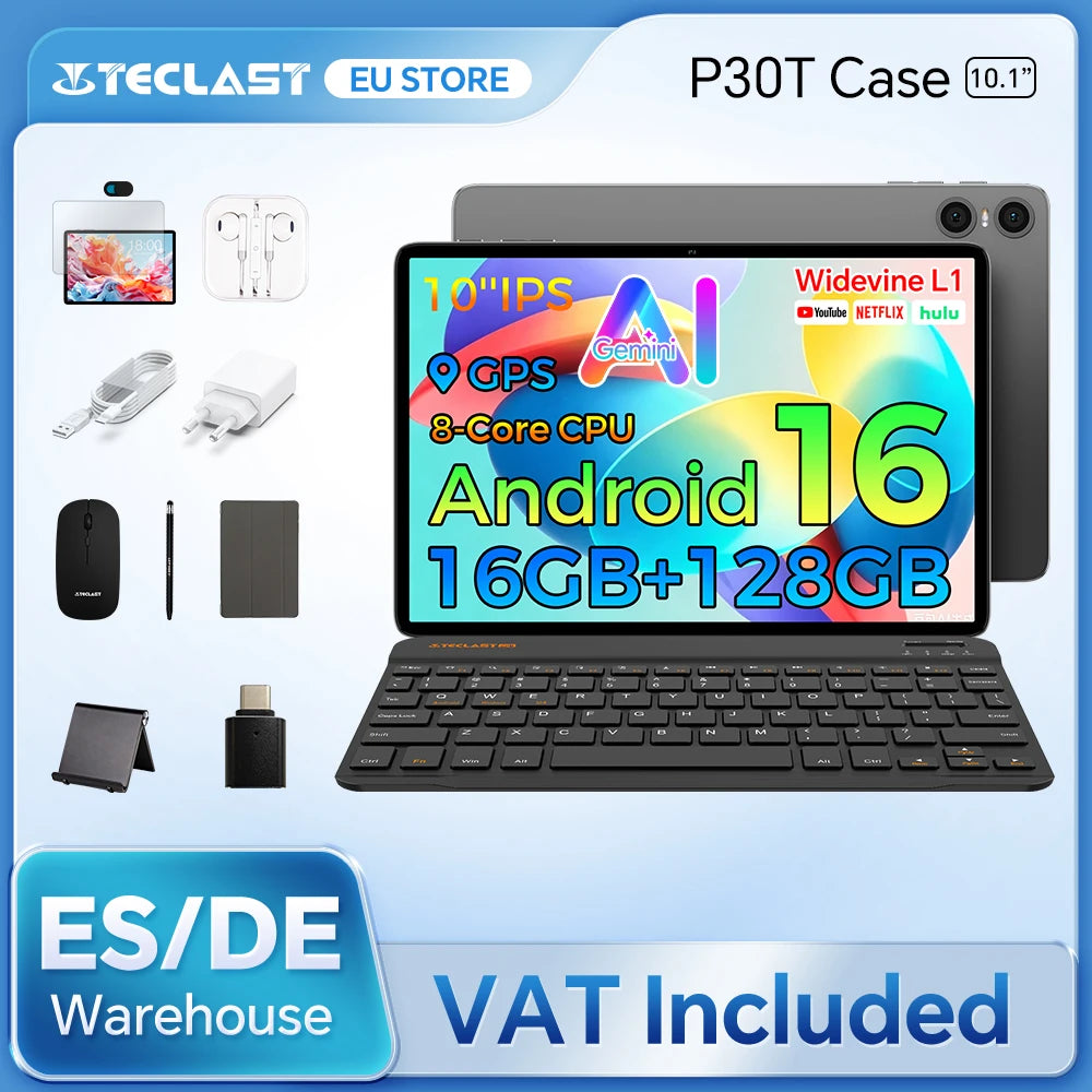 Teclast P30T Set Tablet Android 10.1" con CPU Unisoc 8-core Gemini AI, 16GB RAM (3GB+13GB Espandibili), 128GB ROM, Batteria 6000mAh, Tastiera/Custodia/Mouse/Stilo/Auricolari/Supporto