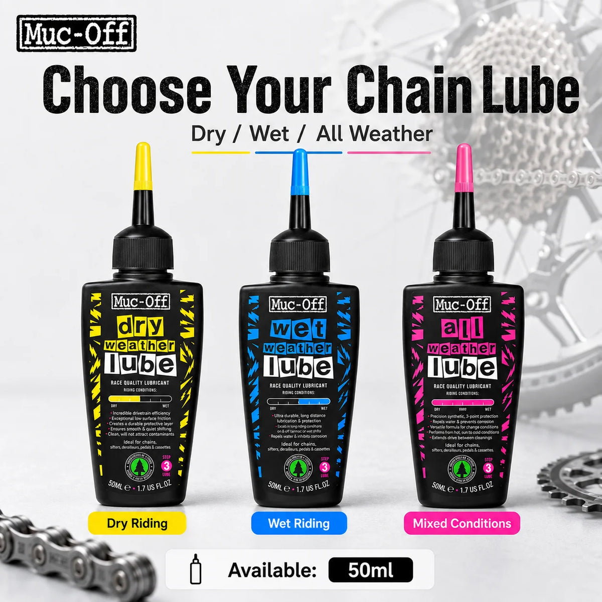 Lubrificante per Catene Muc-Off 50ml, per Uso a Secco o Bagnato, Adatto a Tutte le Condizioni Atmosferiche, Riduce l'Attrito e Garantisce Cambi Fluidi per Biciclette da Strada e MTB