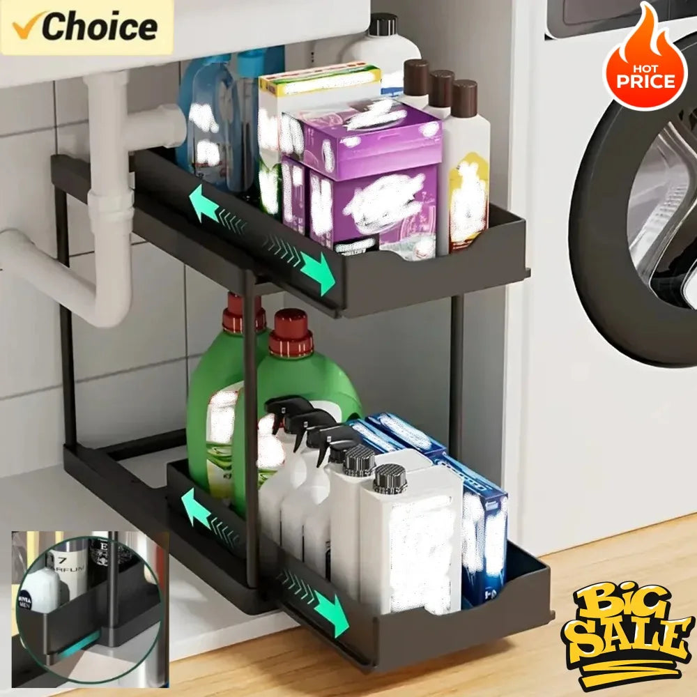 Nuovo Organizzatore Sottolavello a 2 Livelli, Ripiano Scorrevole Estraibile, Scaffale Multifunzione per Cucina e Bagno, Organizzatore Salvaspazio per Armadietti