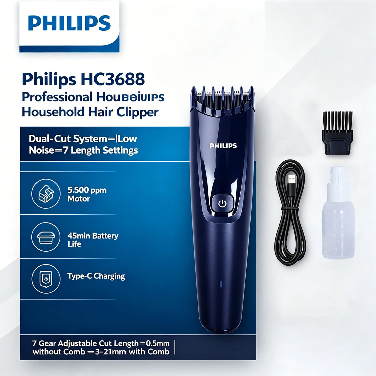 Tagliacapelli Philips HC3688 con Lama in Acciaio Inox a Doppio Taglio, 7 Impostazioni di Lunghezza, Silenzioso, Ricaricabile, per Taglio Capelli Domestico