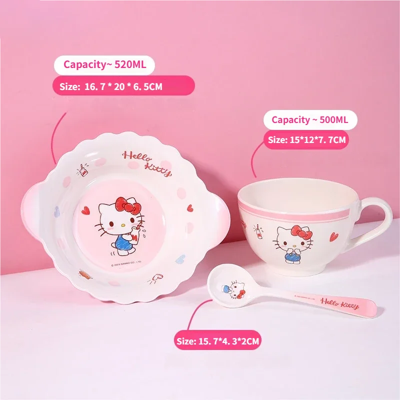 WUHE Set di Stoviglie per Bambini Hello Kitty, Ciotole e Piatti in Melamina, Design Cartoon per Ragazze, Senza BPA, Infrangibile, Lavabile in Lavastoviglie