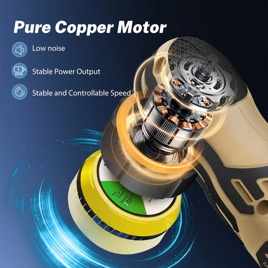 Mini lucidatrice a batteria 3-in-1, triplo disco da 1/1,5/2 pollici, 11 impostazioni di velocità (2500–6000 giri/min), commutazione modalità RO/DA, sistema a doppia batteria da 12V per una lunga durata della batteria, str