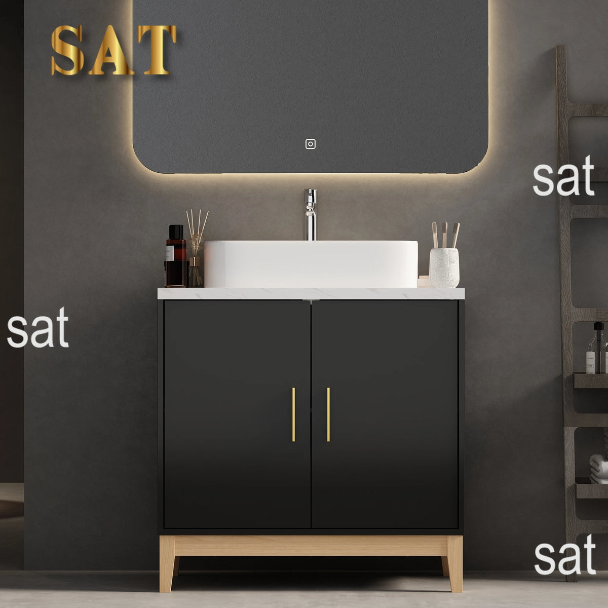 Mobile da bagno moderno con lavabo e 2 ante portaoggetti, mobile lavabo con porta troppopieno e maniglie in metallo, nero