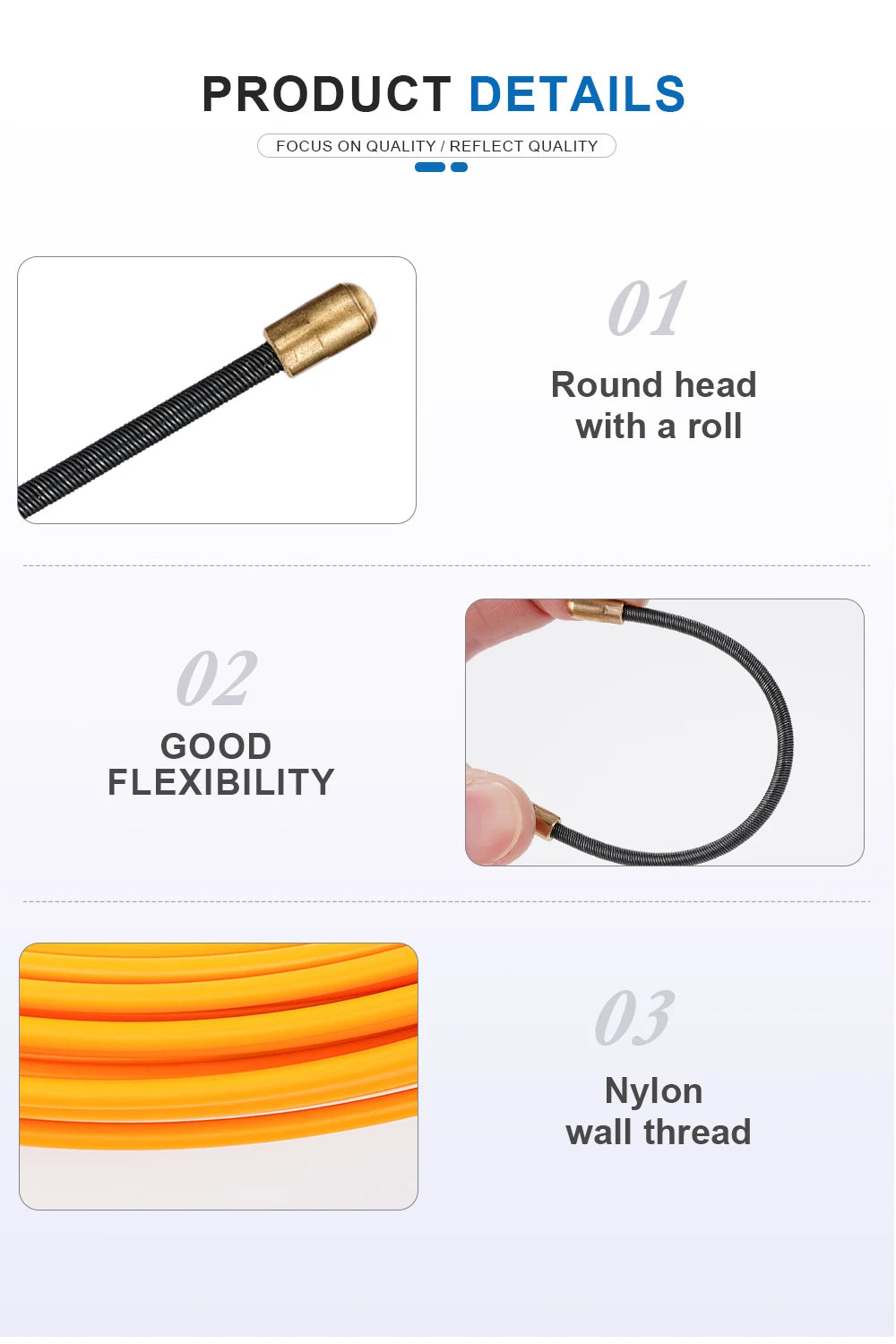 Cavo passacavi in fibra di vetro da 3mm 5-50M, strumento per elettricisti per la passaggio di fili, guida per cavi elettrici attraverso condotti e pareti