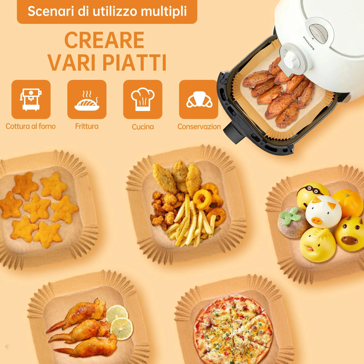 Carta forno per friggitrice ad aria, 100 pezzi contenitori usa e getta in carta per teglia friggitrice ad aria, accessori friggitrice ad aria per Microonde, 16cm x 4.5cm