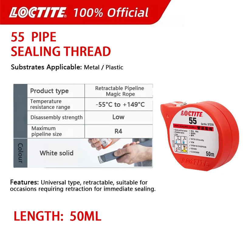 100% originale Loctite 55 Cavo sigillante per tubi Nastro multiuso Sigillante per filettatura per perdite d'acqua e di gas Dimensioni fisse 50 m/160 m