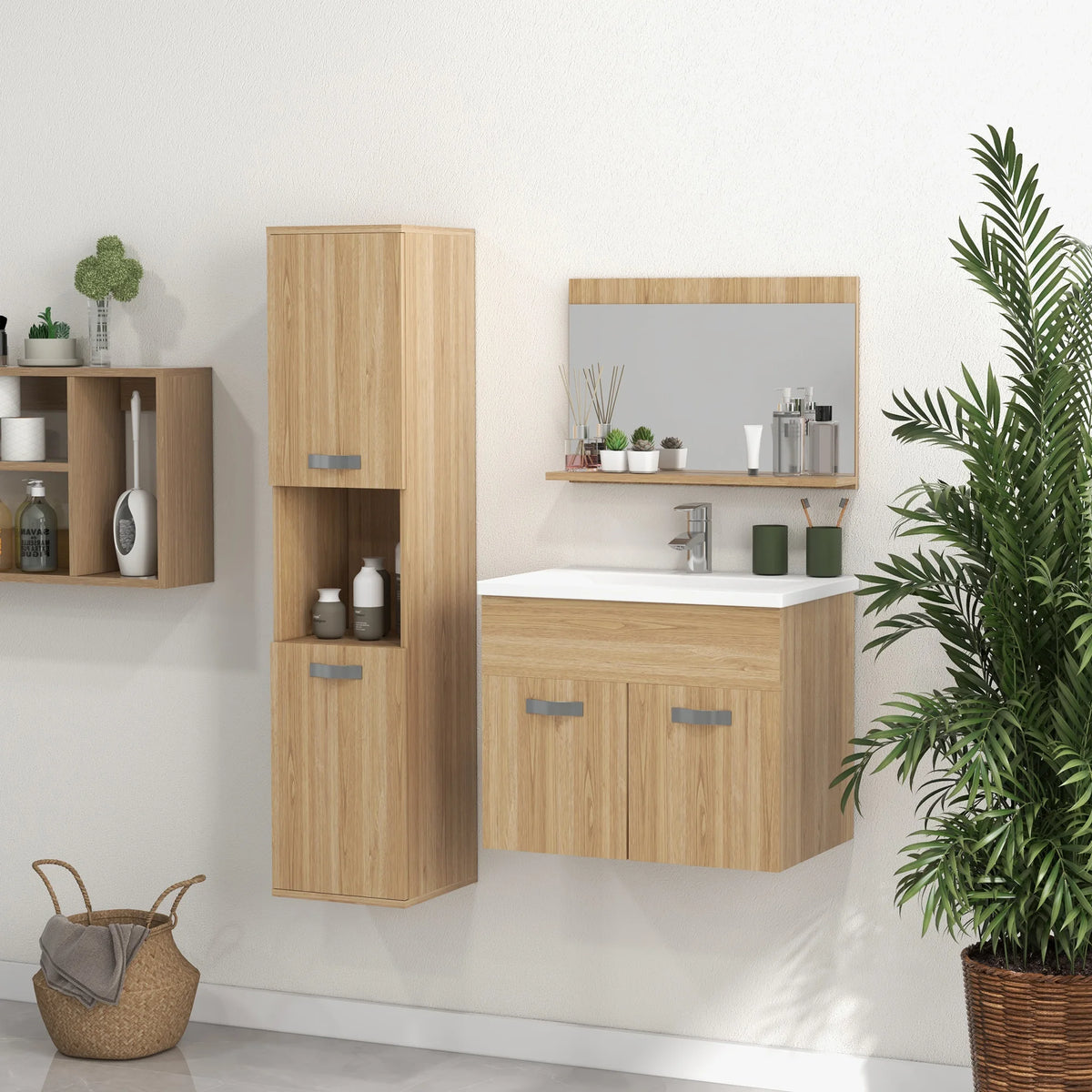 Set da bagno 4 pezzi con mobiletto alto, specchio, lavabo e lavello a parete, finitura naturale
