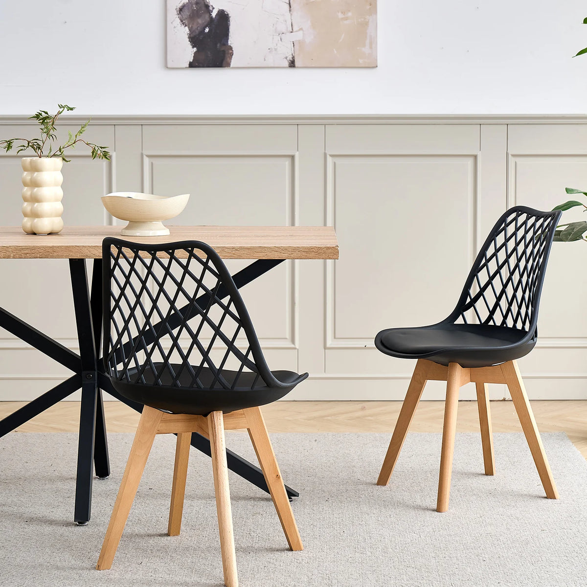 Set di 4/6 sedie da pranzo moderne con schienale in rete con gambe in legno massello e cuscini imbottiti, per sala da pranzo/camera da letto, sedia da caffè