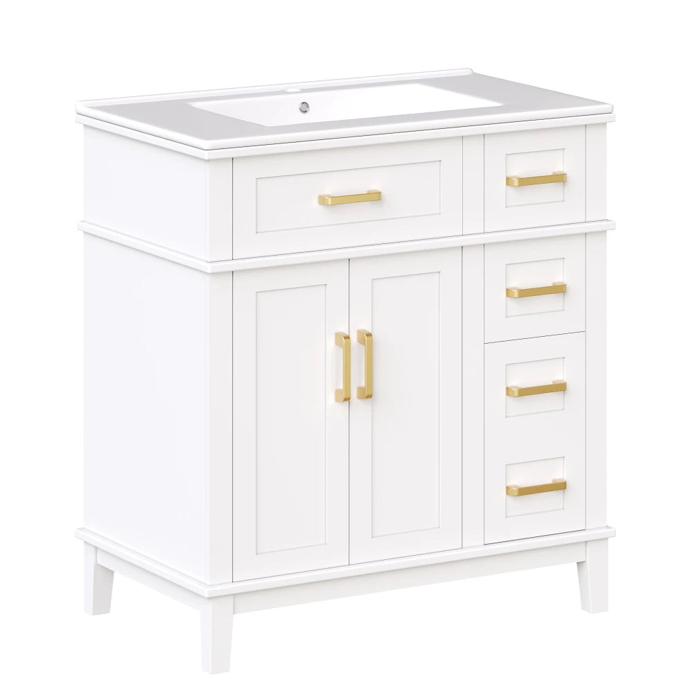Mobile bagno moderno 76x86x46,5 cm con lavabo in ceramica integrato, mobiletto a cassetti autoportante con ampio spazio contenitivo, dotato di chiusura ammortizzata silenziosa e protezione dal troppo pieno del lavabo, elegant