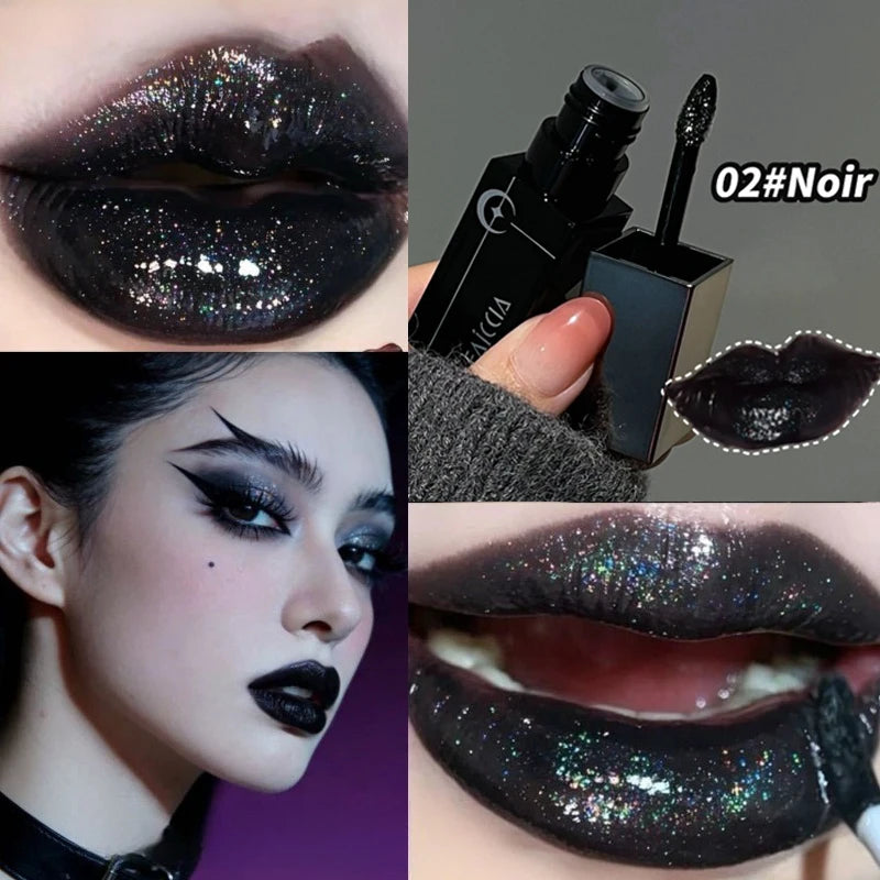 Rossetto Nero Opaco Scintillante Rosso, Lucidalabbra Punk Gotico, Trucco di Halloween, Rossetto in Mousse, Rossetto Impermeabile Anti-sbavature, Tinta Labbra