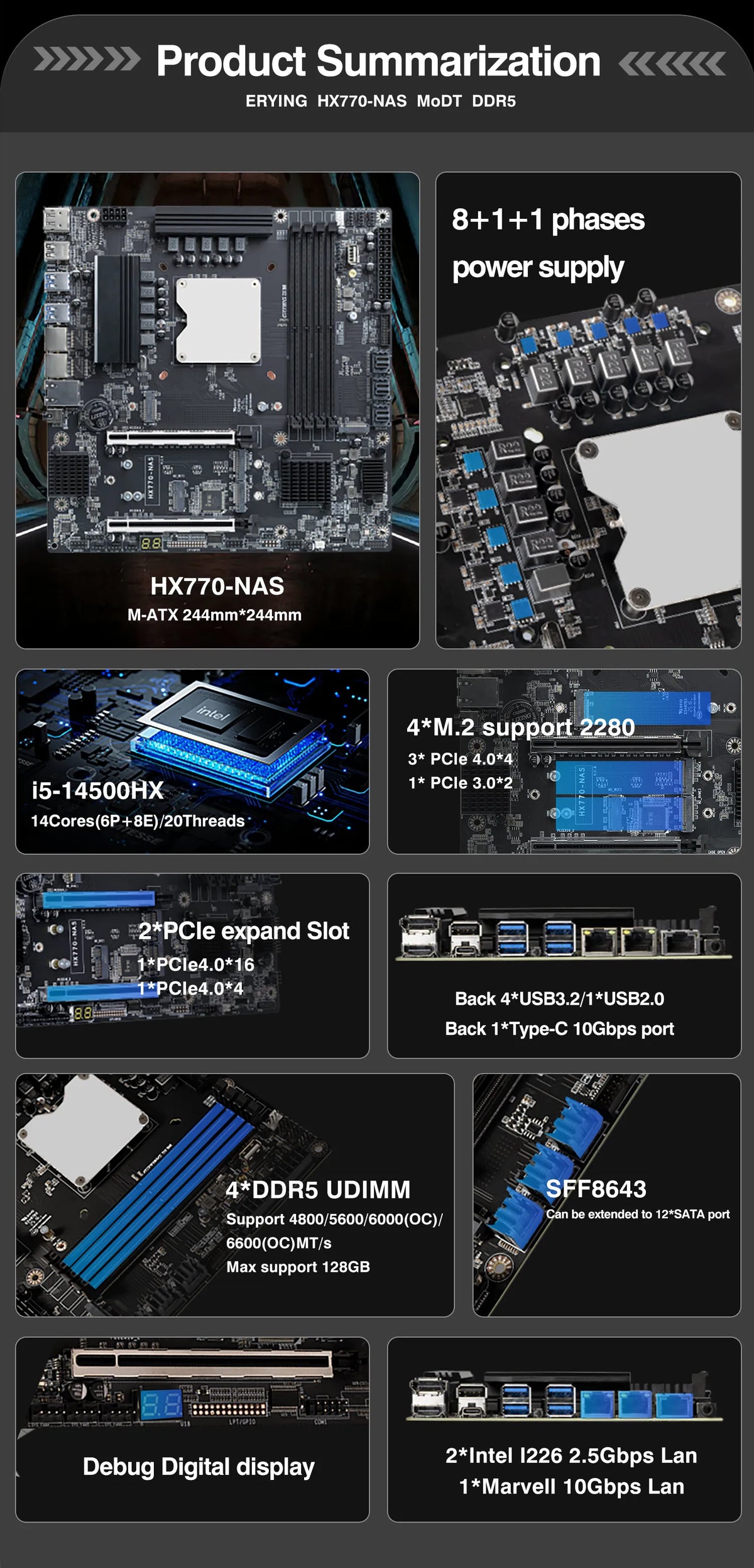 ERYING NAS Scheda madre integrata 14a generazione Core i5 14500HX 4xDDR5 Canale M.2 NVMe 2280 2.5G WIFI SFF8643 Interfaccia a 12 porte SATA