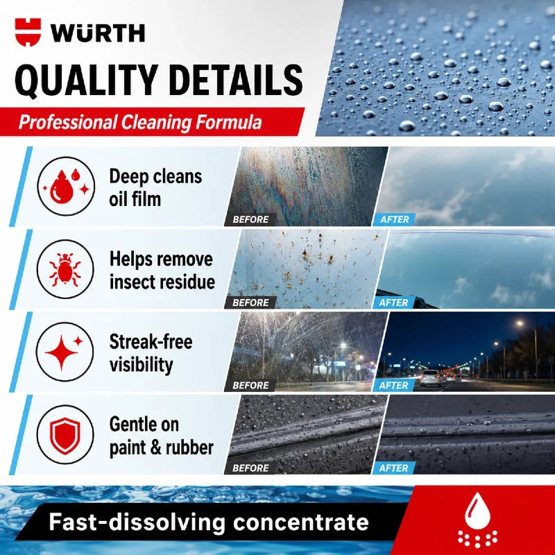 Liquido Lavavetri Concentrato Wurth 1:100, Detergente per Vetri Auto, Rimuovi Pellicola Oleosa e Residui di Insetti, Additivo per Tergicristalli 32ml