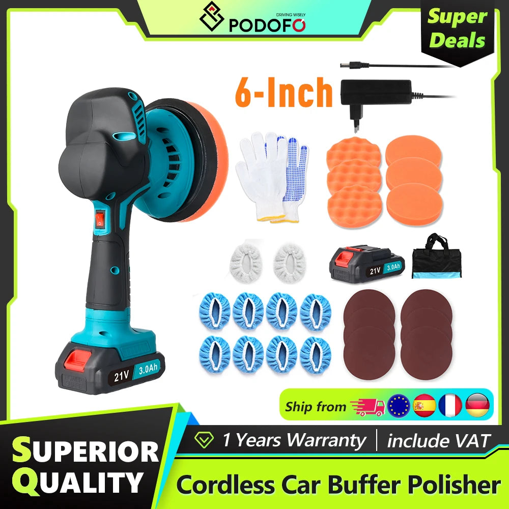 Lucidatrice Orbitale Elettrica Senza Fili Podofo 6 Pollici, Kit Mini Lucidatrice a 6 Velocità Variabili 5500RPM per Auto e Barche, con 2 Batterie Ricaricabili