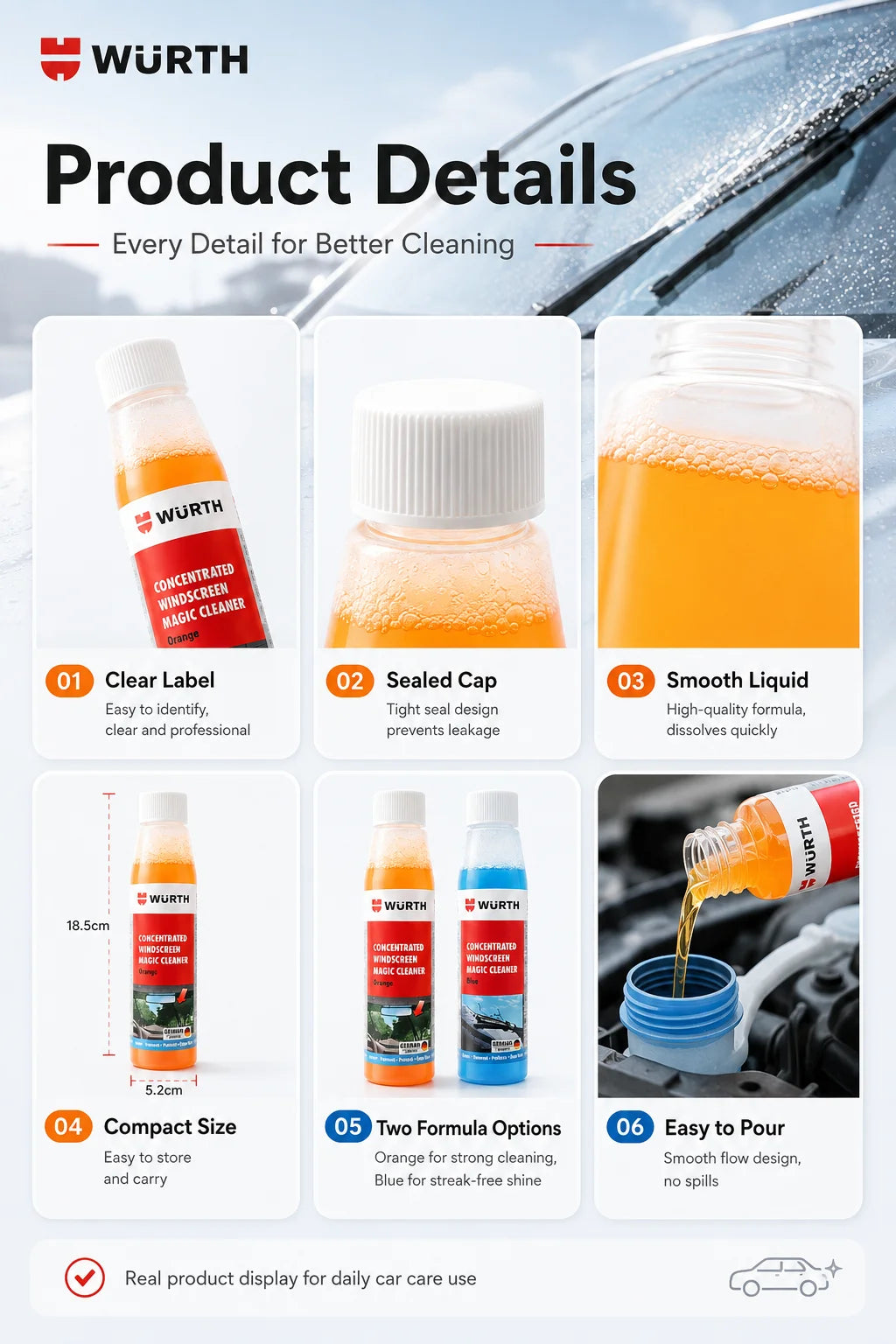WURTH Detergente Concentrato per Parabrezza 1:100 Miscelazione Rapida Senza Aloni per Vetri Auto 32ml Arancione Blu