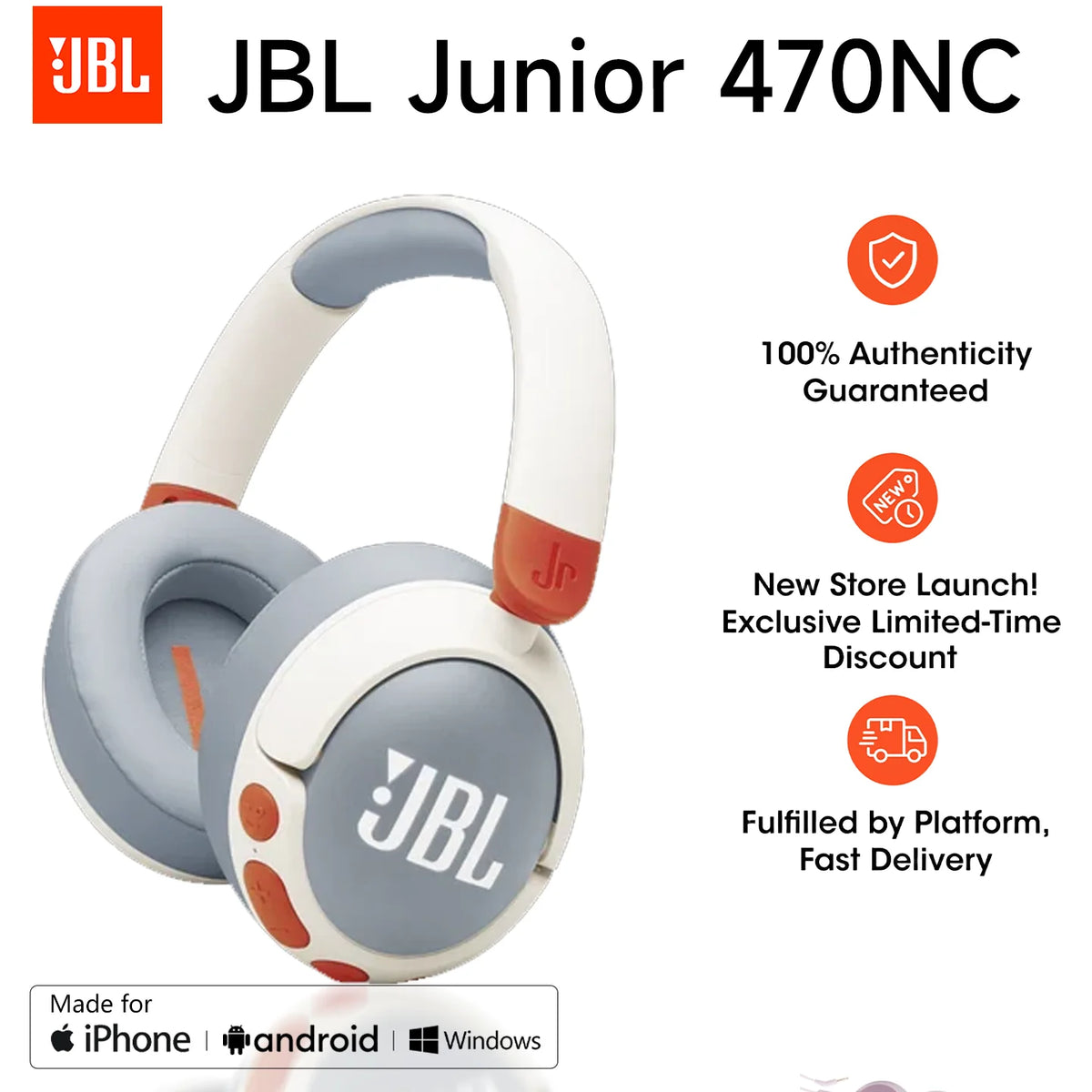 Cuffie wireless intraauricolari per bambini JBL Junior 470NC con cancellazione del rumore, batteria a lunga durata, ricarica rapida e connessione wireless.