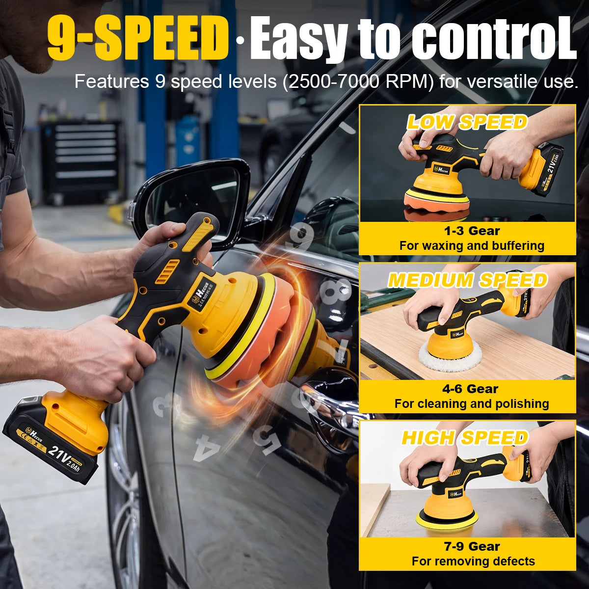 Lucidatrice Elettrica per Auto Hecus 9 Velocità, Senza Fili, con Display Digitale, Utensile Rotante per Lucidatura e Ceratura, Compatibile con Batteria Makita 18V