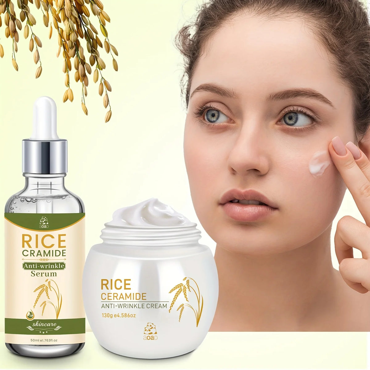 Set di 2 prodotti per la cura del viso anti-rughe a base di riso, contiene 130g di crema e 50ml di essenza per idratazione giorno e notte e rassodamento, cura della pelle anti-rughe che rende la pelle più giovane.