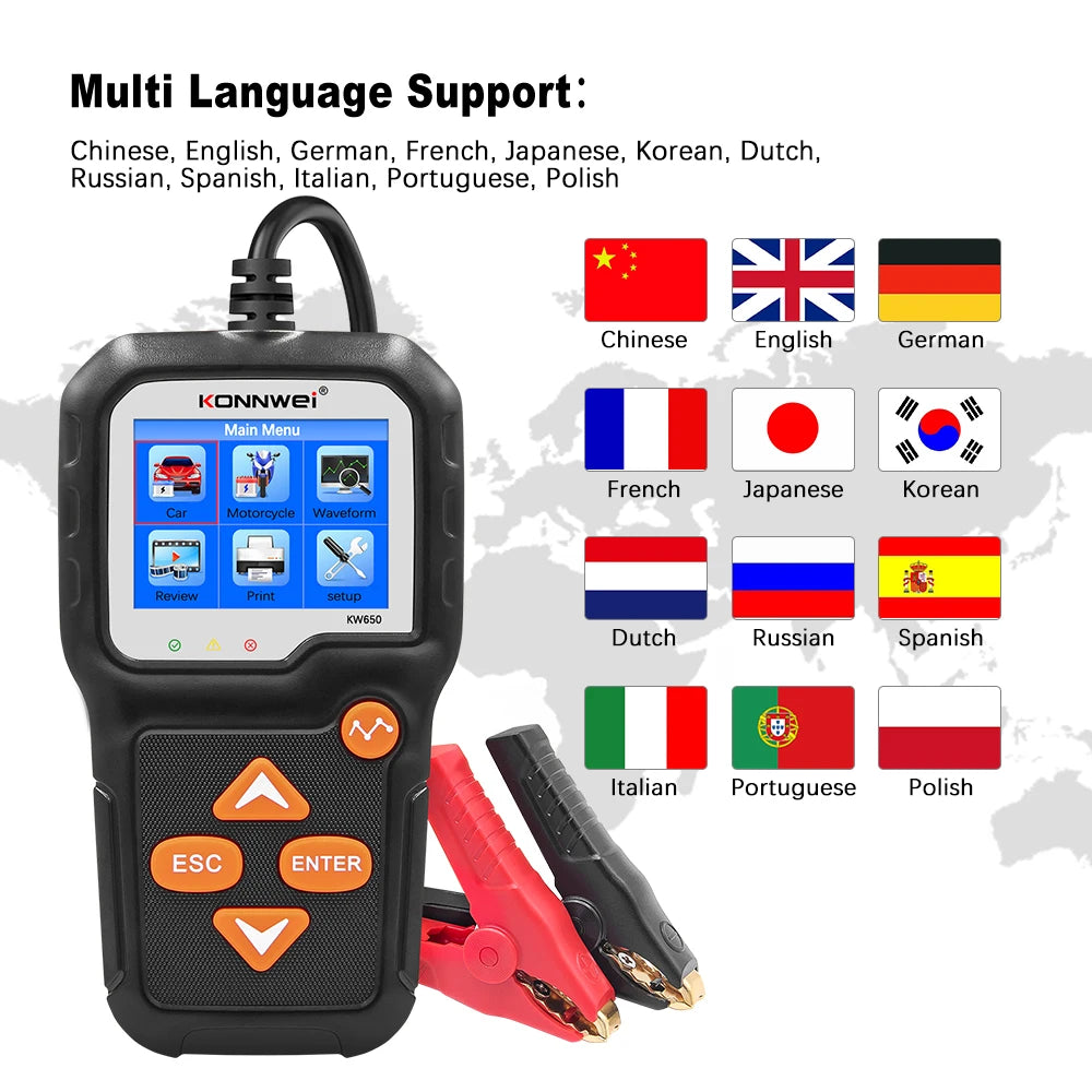 KONNWEI KW650 Tester batteria per auto 6V 12V Analizzatore automatico per auto moto da 100 a 2000 CCA Strumento di test di ricarica avviamento per auto Moto