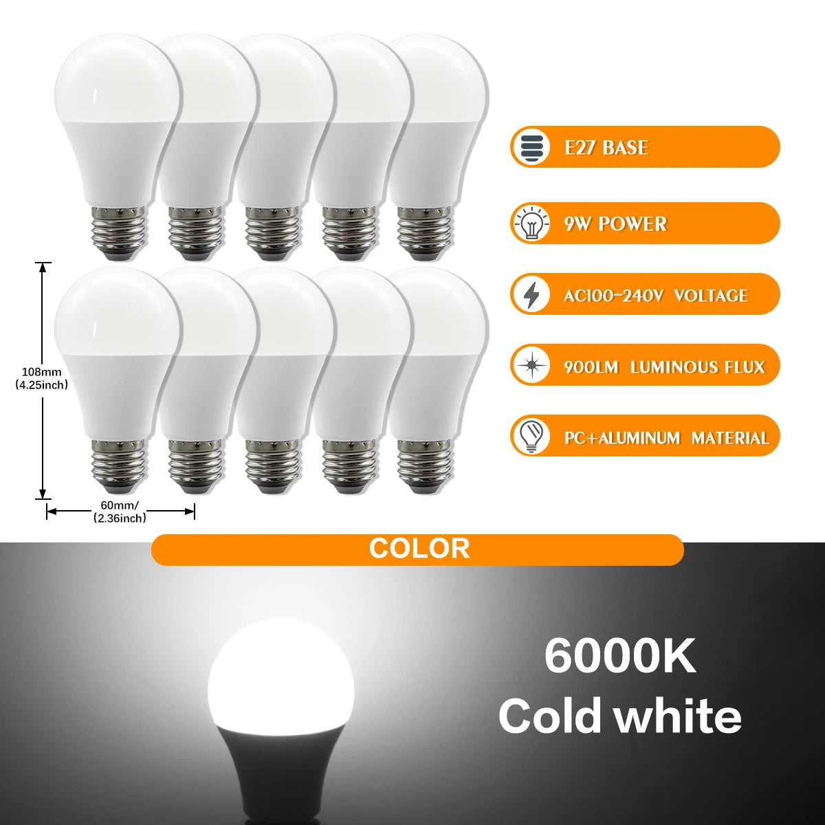 10 Lampadine LED E27 2200K 3000K 4000K 6000K AC100-240V Rosso Verde Illuminazione Colorata di Alta Qualità in Vetro PC per Arredamento Casa
