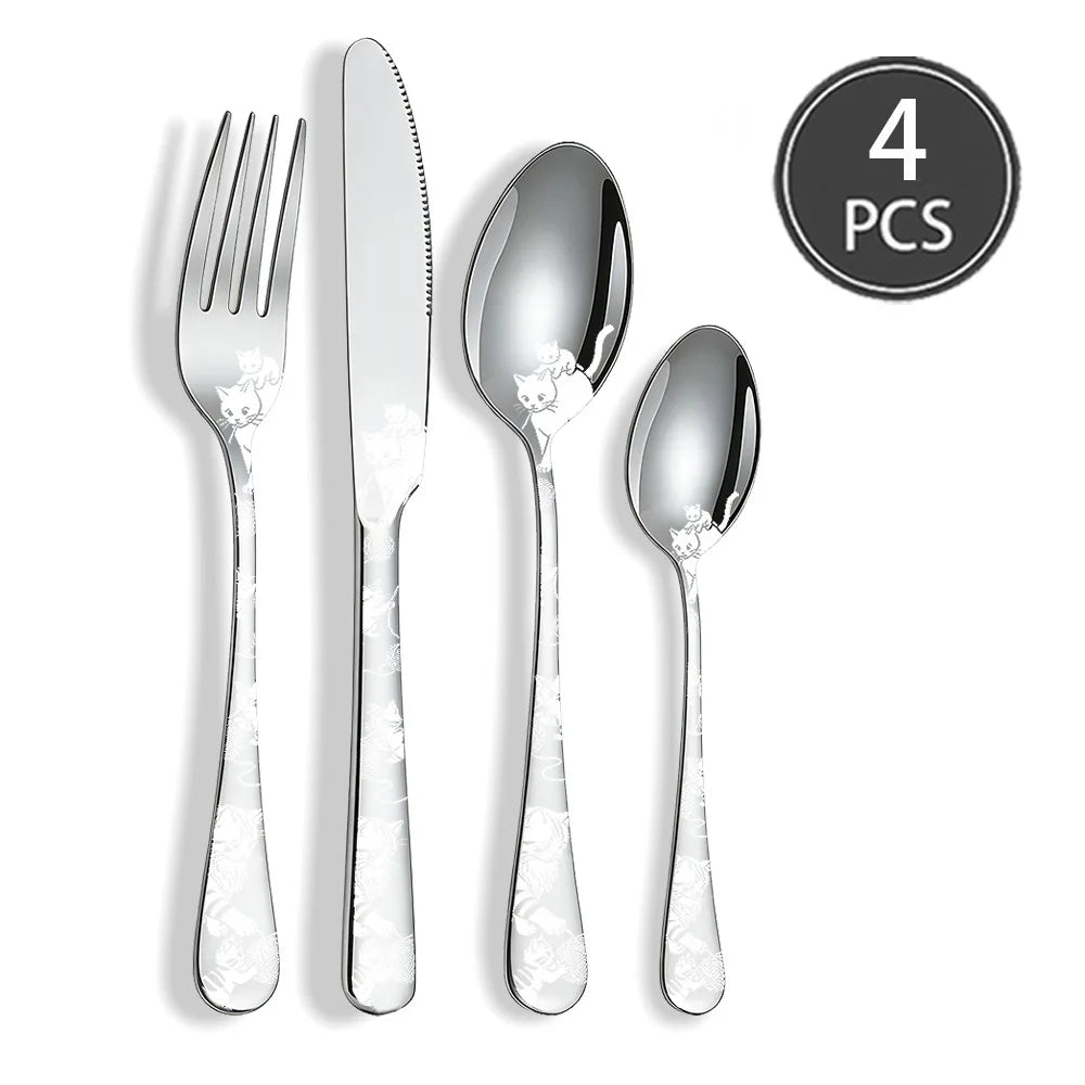 Set di posate in acciaio inossidabile con incisione laser Rose Cat, 4/15/25/40 pezzi, coltello, forchetta, cucchiaio, per coppie, stoviglie per feste