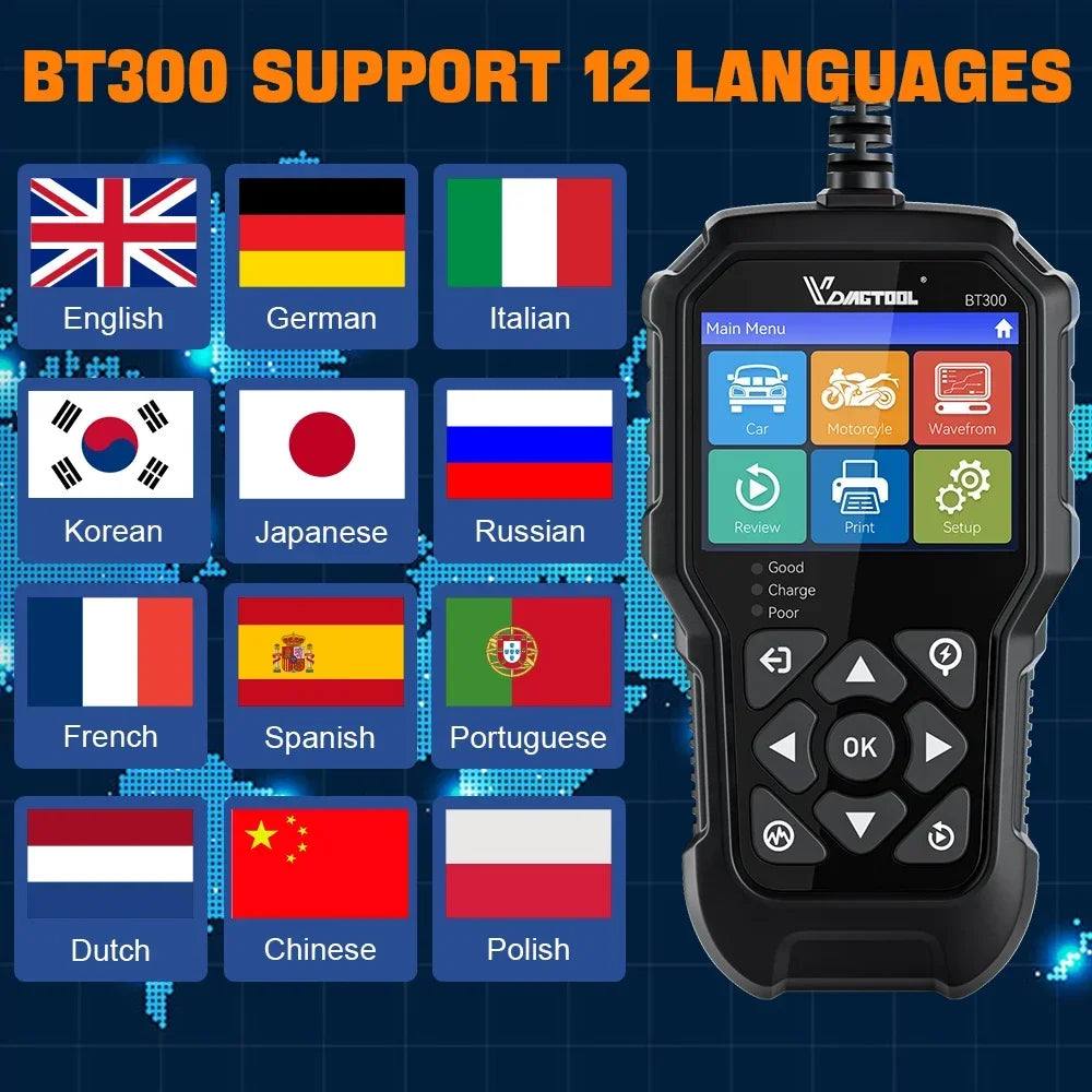 VDIAGTOOL BT300 Tester per Batterie Auto 6-12V, 5-3000 CCA per Analizzatore Batterie Auto, Camion, Moto con Test di Carica, Test di Avviamento, Test di Tensione SOH SOC, Strumento per Test del Sistema di Ricarica e Avviamento