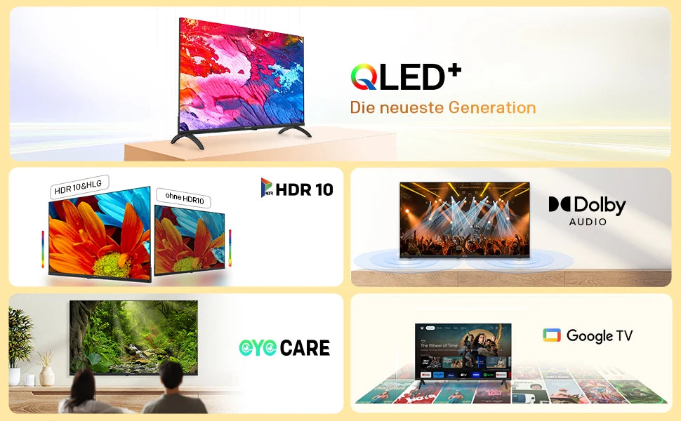 Coocaa Smart TV QLED da 32" – Google Cast integrato, 60Hz, HDR10 e HLG, Dolby Audio, Qyocare 5.0 Anti Luce Blu, senza sfarfallio, 2 porte HDMI e 2 porte USB, luminosità di 200 cd/m²