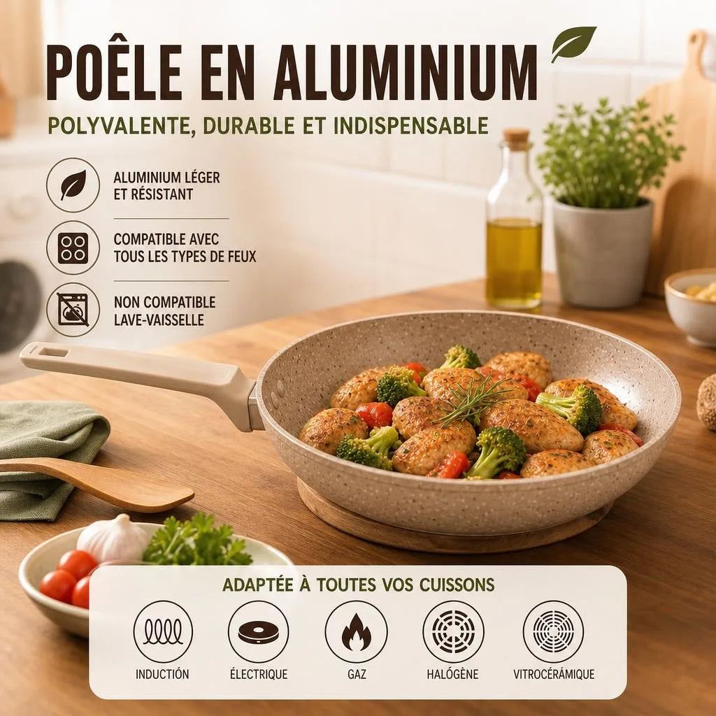 Padella in alluminio da 28 cm con rivestimento antiaderente effetto pietra, padella da cucina versatile compatibile con tutti i tipi di piani cottura, inclusa l'induzione, manico ergonomico e cottura sana senza sforzo.