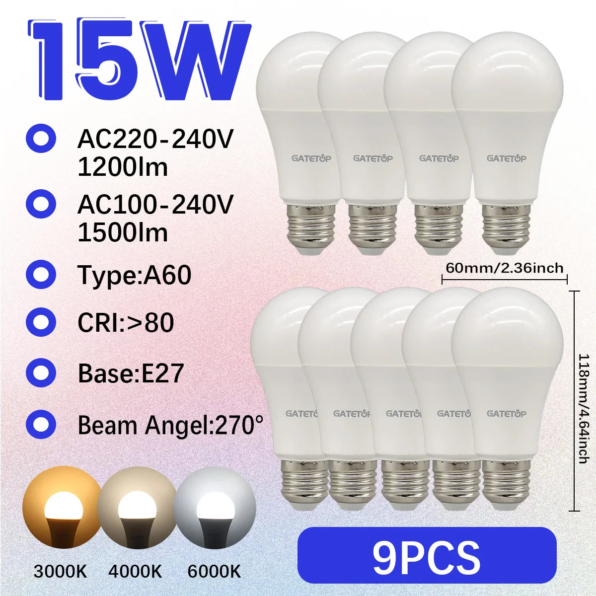Confezione da 1-10 Lampadine LED 15W 120V 220V 3000K 4000K 6000K Luce Diurna CRI80 Senza Sfarfallio per Illuminazione Domestica Camera da Letto