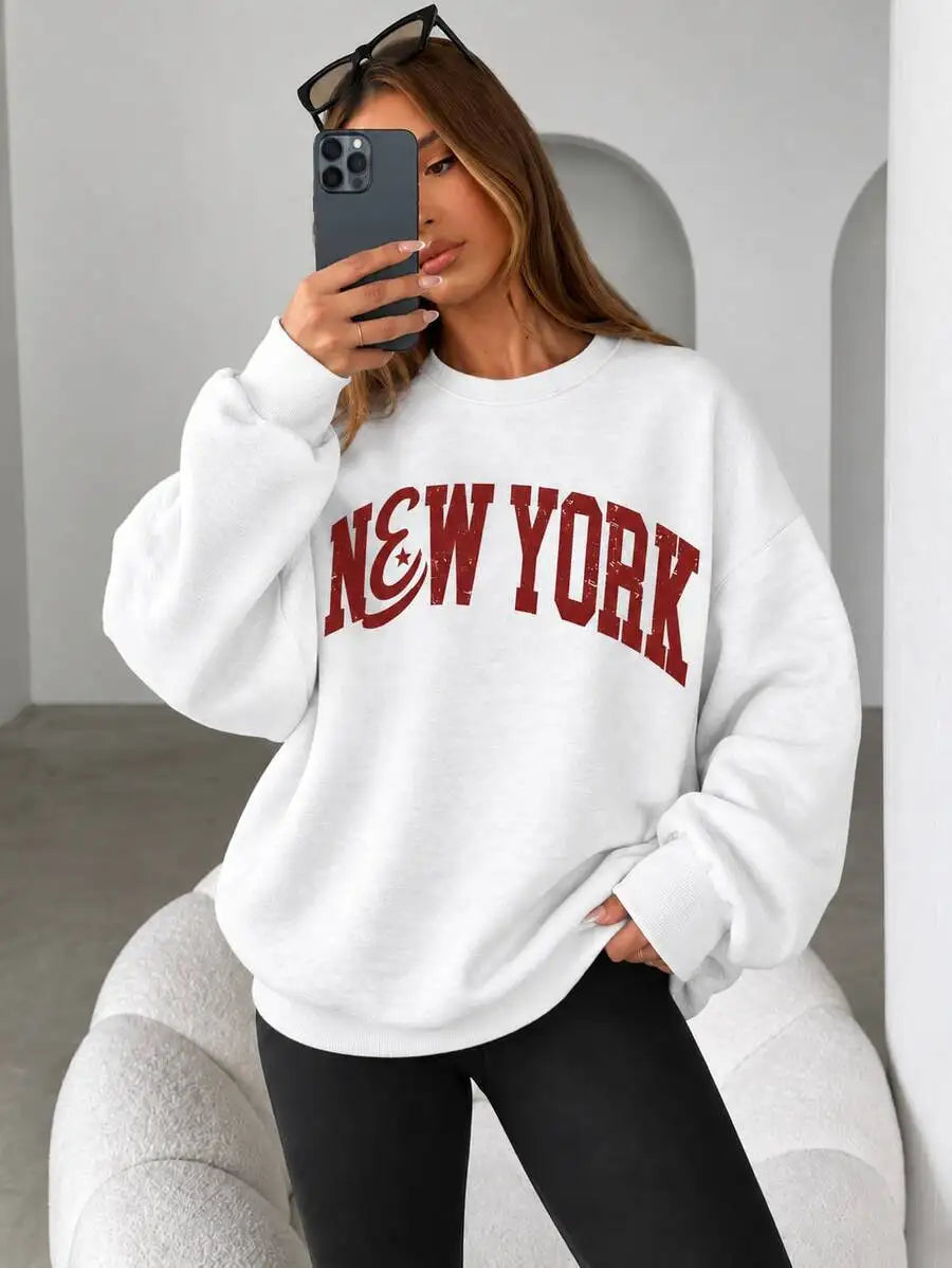 Felpa con stampa a tema New York, felpa da donna con collo alla marinara e fodera in pile, felpe sportive e per il tempo libero, ideali per l’autunno e l’inverno.