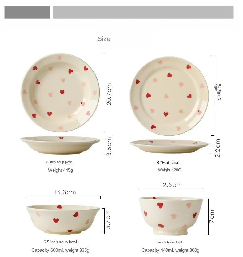 Set di stoviglie in ceramica a forma di cuore, piatto piano, insalatiera di riso, tazza da caffè, amore giapponese, regalo caldo per San Valentino