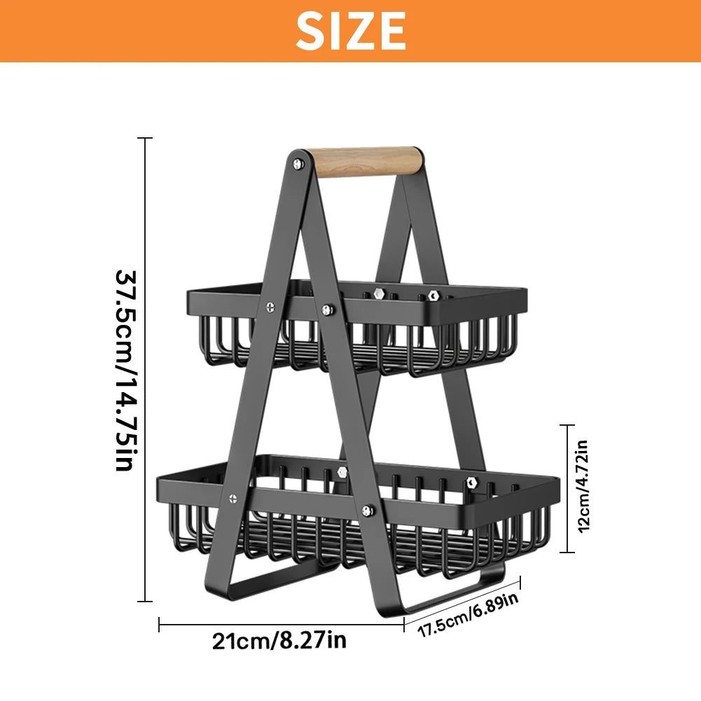 Cestino portafrutta e verdura a 2 e 3 livelli con manico in legno, ciotola multifunzionale in metallo per frutta e verdura, supporto per pane e snack, scaffale organizzatore per prodotti alimentari, espositore per alimenti da