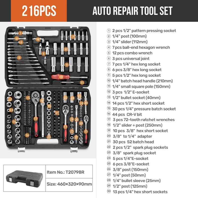 Set di Attrezzi Meccanici Hi-Spec 216 Pezzi, Kit Chiavi a Bussola da 1/4" 3/8" 1/2", Cassetta degli Attrezzi per Riparazione Auto