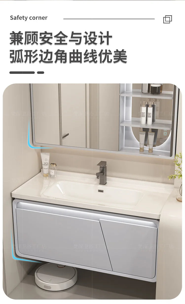 Mobile Bagno Moderno Intelligente con Lavabo Integrato in Ceramica, Armadietti in Rovere, Specchio LED e Mobiletto - Arredamento Bagno
