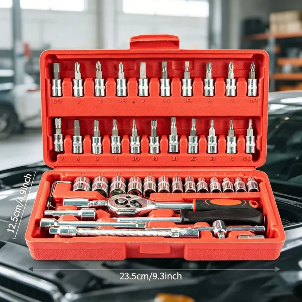 Set di 46 Pezzi di Chiavi a Bussola, Kit di Cacciaviti a Cricchetto, Set di Utensili Manuali per Riparazioni Auto, Manutenzione Biciclette e Riparazioni Meccaniche Domestiche