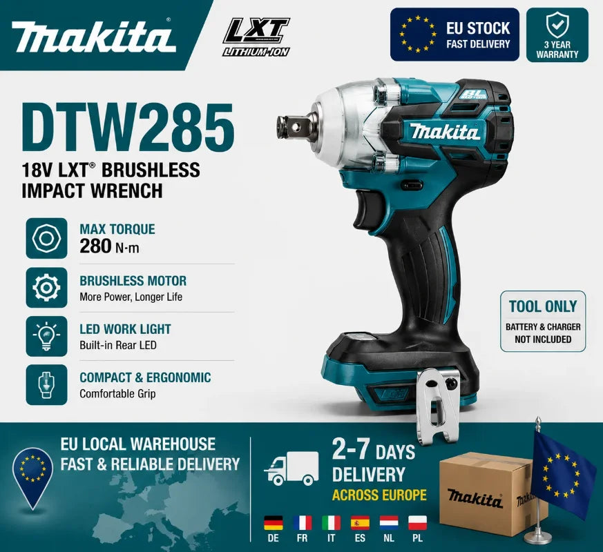 Makita DTW285 Avvitatore a Impulsi 18V 320N·m Senza Spazzole Senza Fili + Batteria 6.0Ah Utensile Elettrico ad Alta Coppia Disponibilità EU Spedizione 1-3 Giorni