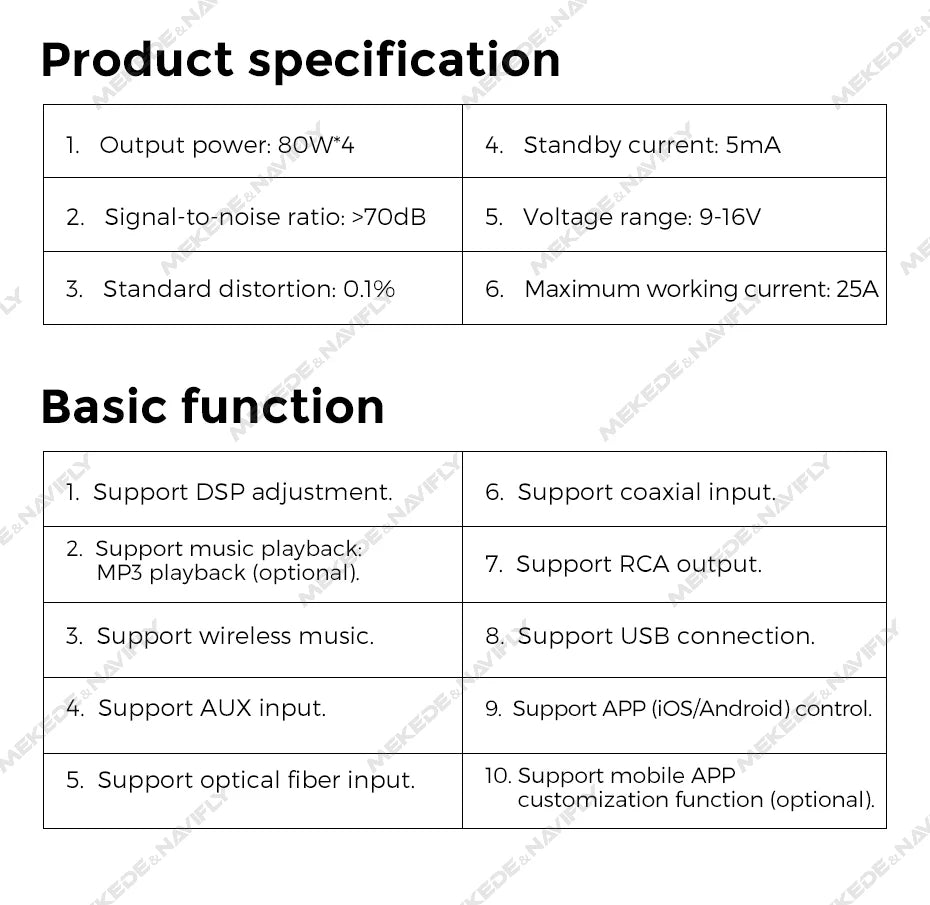 Amplificatore DSP per auto MEKEDE 4*80 W, compatibile con autoradio Android, regolazione EQ tramite app, plug-and-play, supporto fibra ottica/coassiale/AUX/RCA/USB