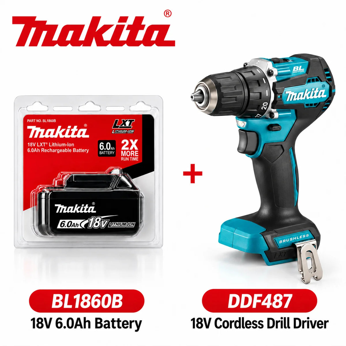 Trapano avvitatore a batteria Makita DDF487 18V LXT, compatto, leggero, con elevata coppia, 20 impostazioni di coppia, luce LED e cambio a 2 velocità.